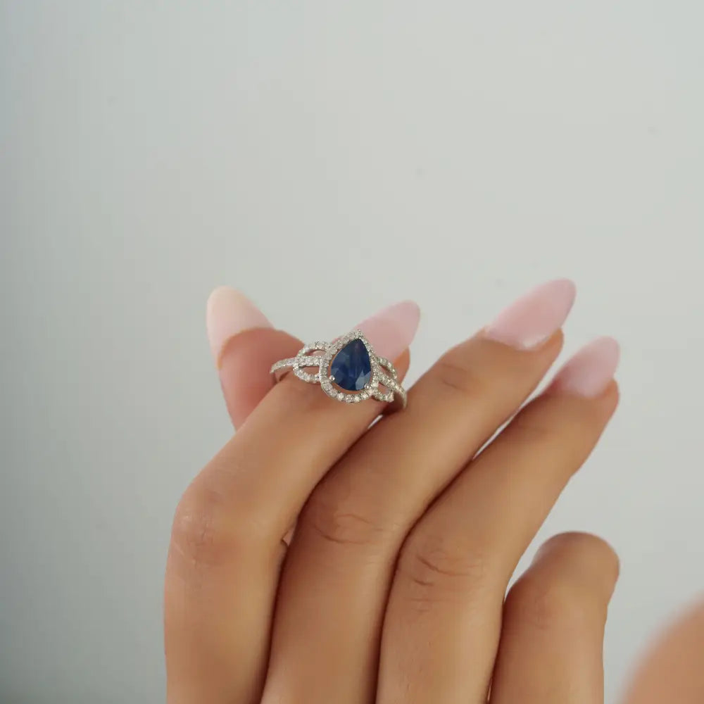 14K Real White Gold Blue Sapphire & Diamond Statement Ring Latest Design Jewelry Supplier