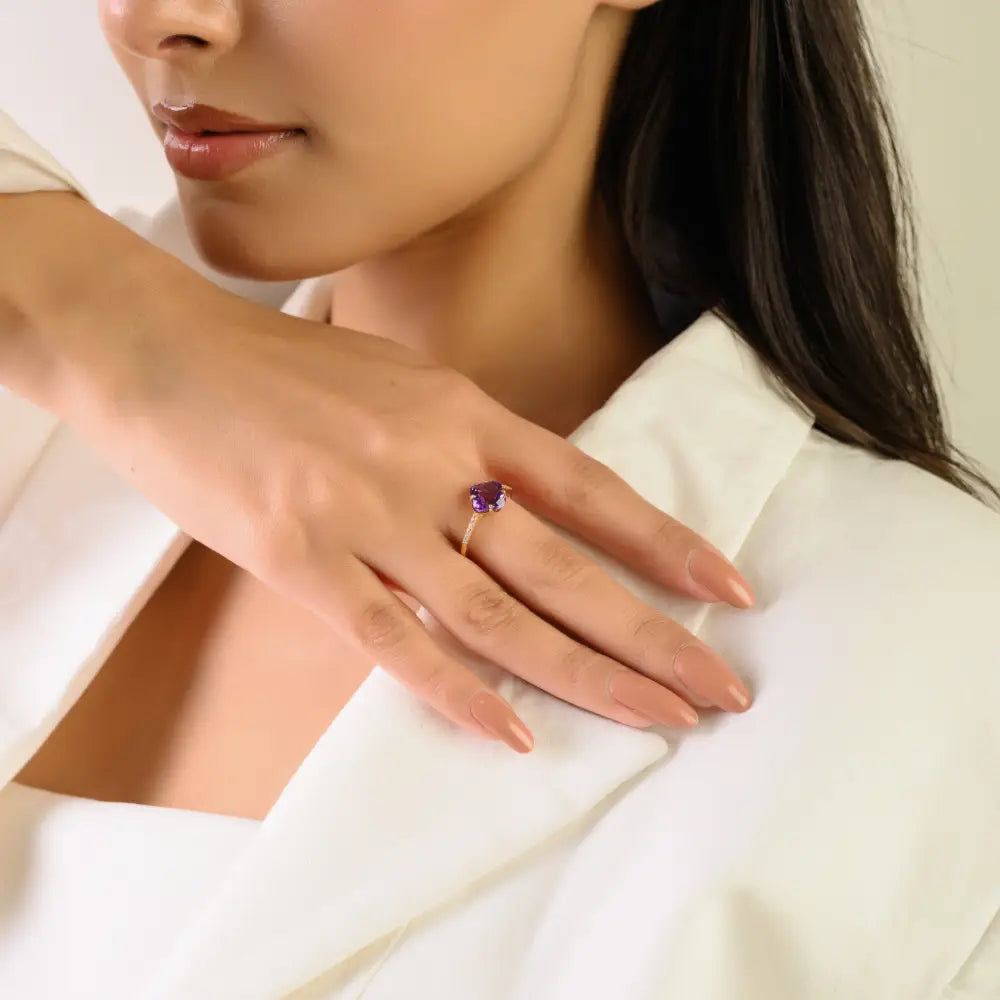 Clover Shape Amethyst & Round Cut Diamond Stackable Ring Latest 14K Yellow Gold Jewelry