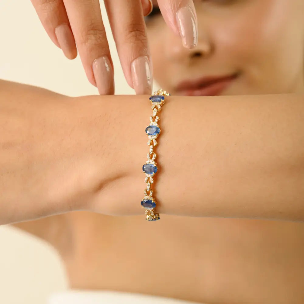 New Designer Blue Sapphire & Diamond 14K Yellow Gold Stackable Bracelet Women Jewelry