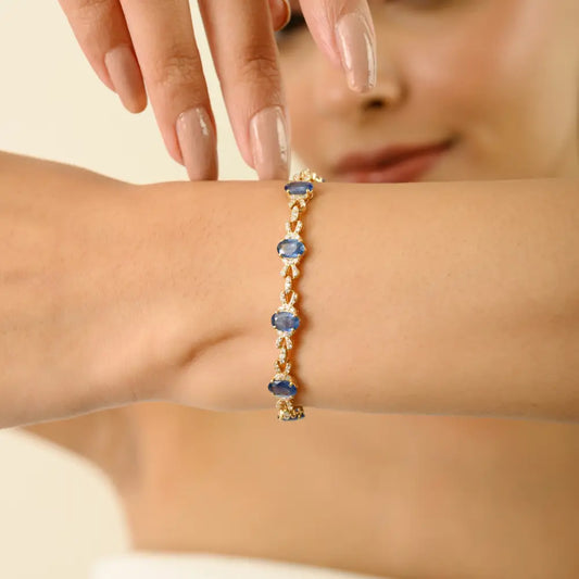 New Designer Blue Sapphire & Diamond 14K Yellow Gold Stackable Bracelet Women Jewelry