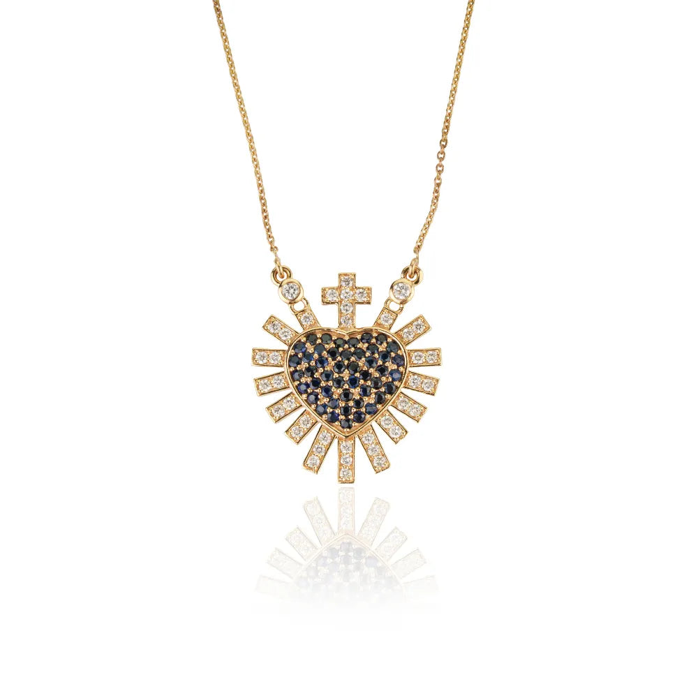 Gorgeous Blue Sapphire & Diamond Sacred Heart Sunburst Pendant Necklace 14K Solid Yellow Gold Jewelry