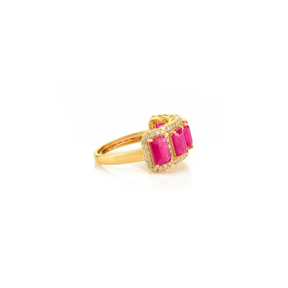 Genuine Ruby & Diamond Halo Half Eternity Band Ring Solid 14K Yellow Gold Anniversary Gift