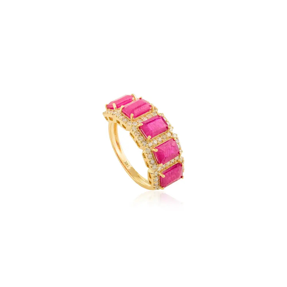 Genuine Ruby & Diamond Halo Half Eternity Band Ring Solid 14K Yellow Gold Anniversary Gift