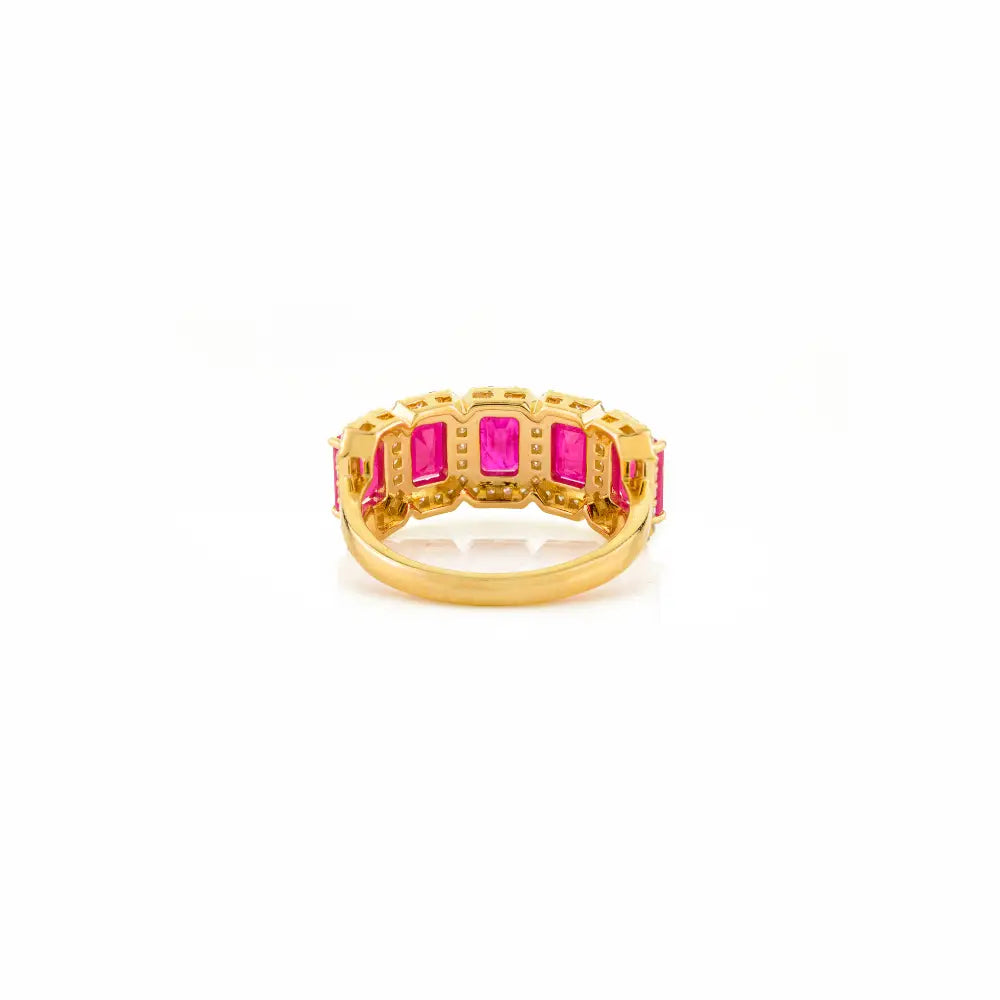 Genuine Ruby & Diamond Halo Half Eternity Band Ring Solid 14K Yellow Gold Anniversary Gift