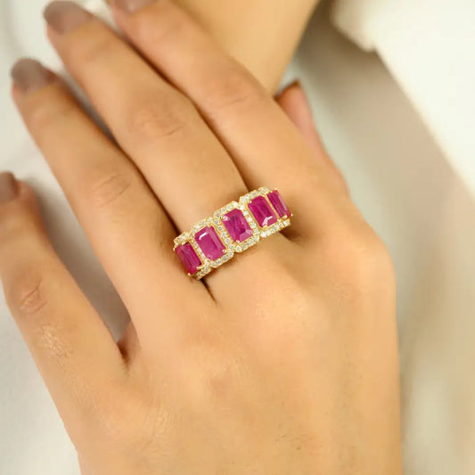 Genuine Ruby & Diamond Halo Half Eternity Band Ring Solid 14K Yellow Gold Anniversary Gift
