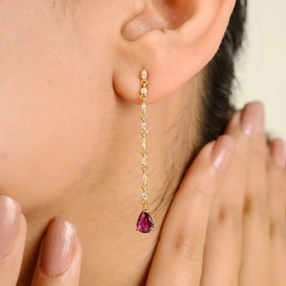 Pear Shape Ruby & Diamond Long Dangling Earrings Handcrafted 18K Yellow Gold Jewelry
