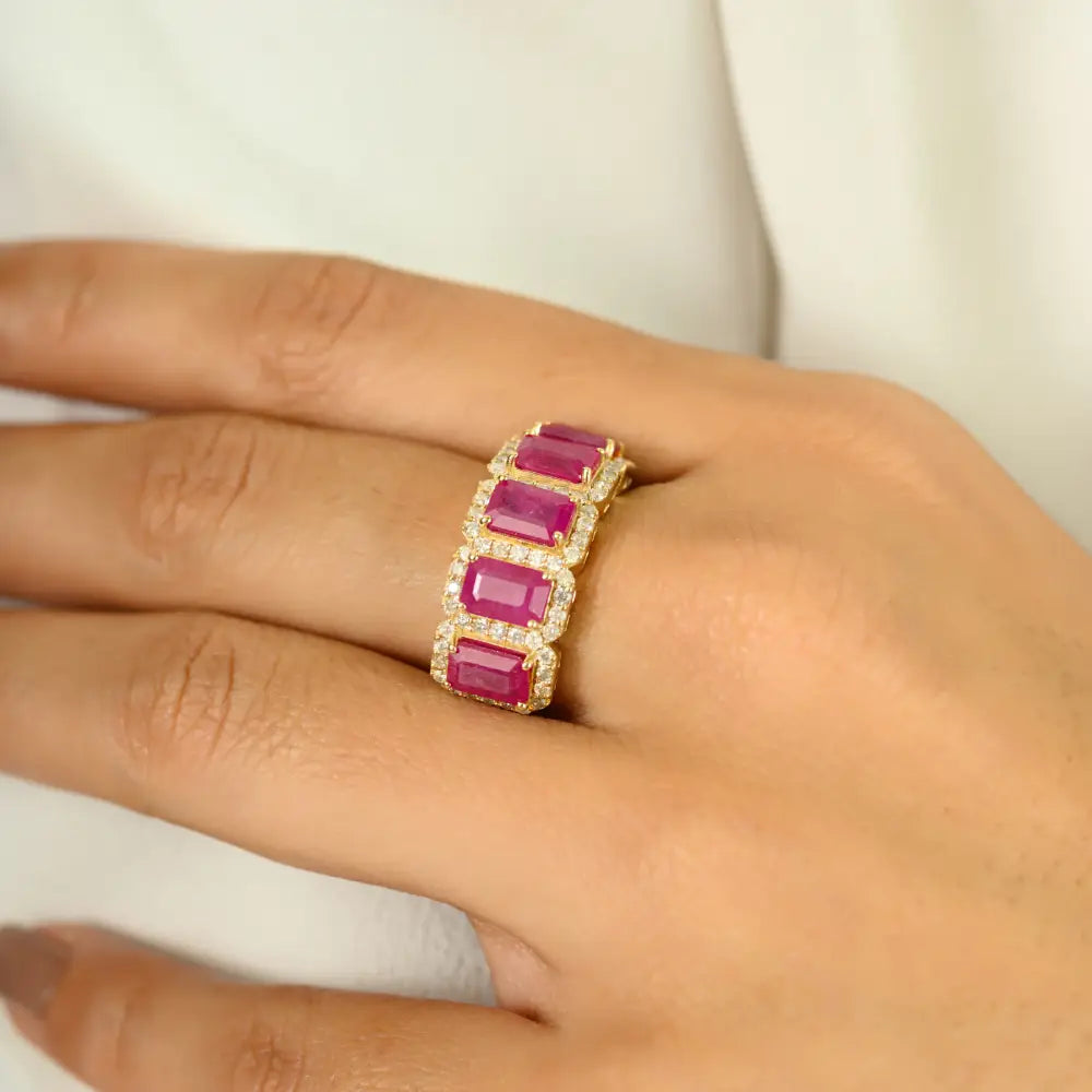 Genuine Ruby & Diamond Halo Half Eternity Band Ring Solid 14K Yellow Gold Anniversary Gift