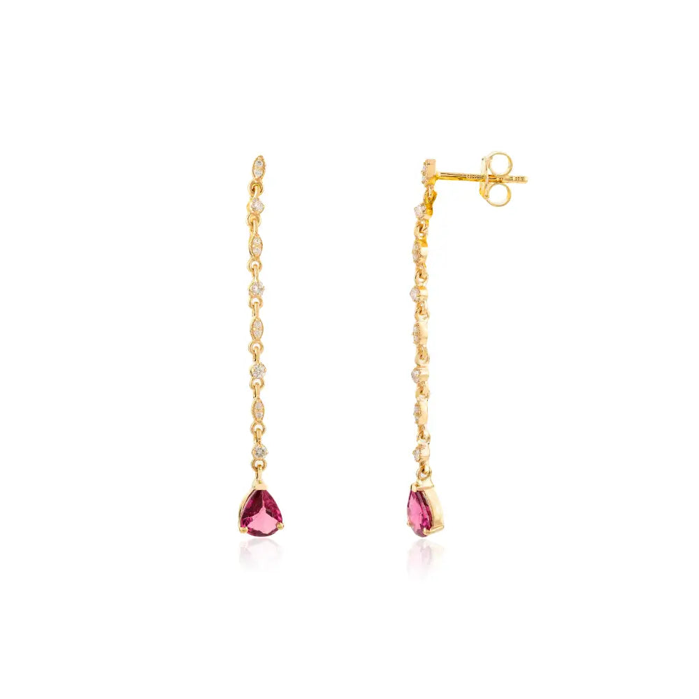 Pear Shape Ruby & Diamond Long Dangling Earrings Handcrafted 18K Yellow Gold Jewelry