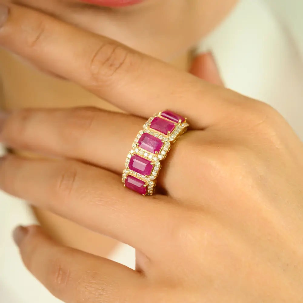 Genuine Ruby & Diamond Halo Half Eternity Band Ring Solid 14K Yellow Gold Anniversary Gift