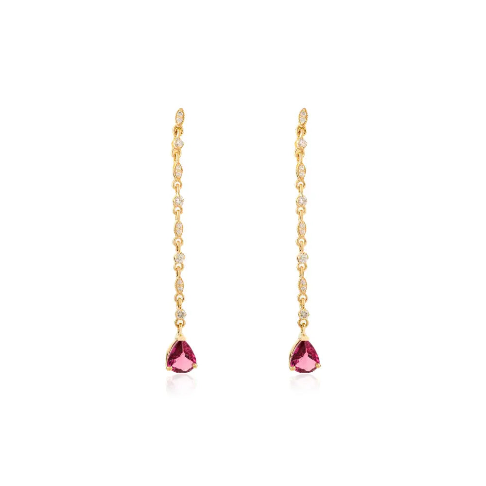 Pear Shape Ruby & Diamond Long Dangling Earrings Handcrafted 18K Yellow Gold Jewelry