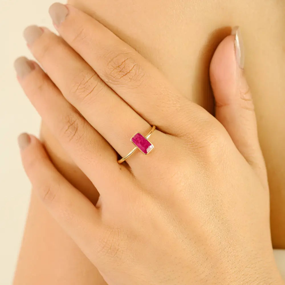 Elegant Classic Style 18K Yellow Gold Ruby Single Stone Stackable Ring July Birthstone Jewelry