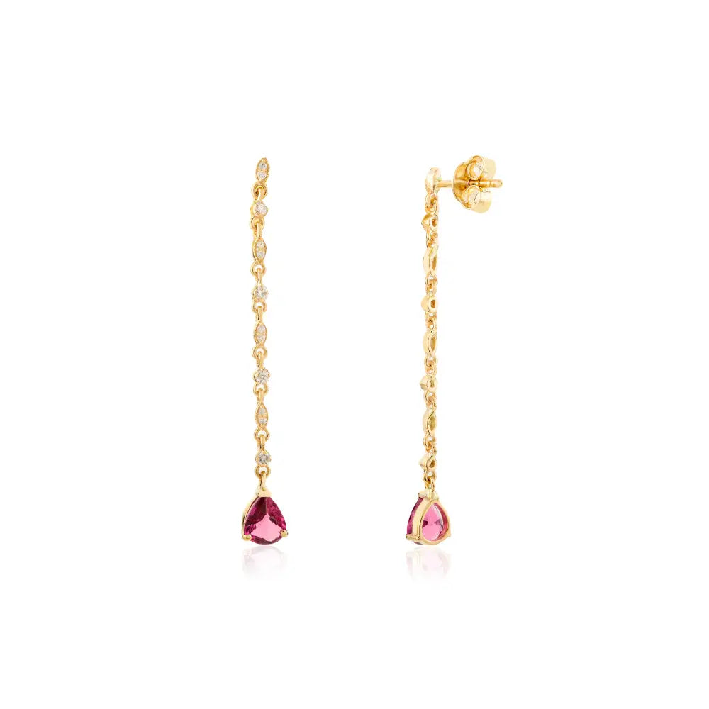 Pear Shape Ruby & Diamond Long Dangling Earrings Handcrafted 18K Yellow Gold Jewelry