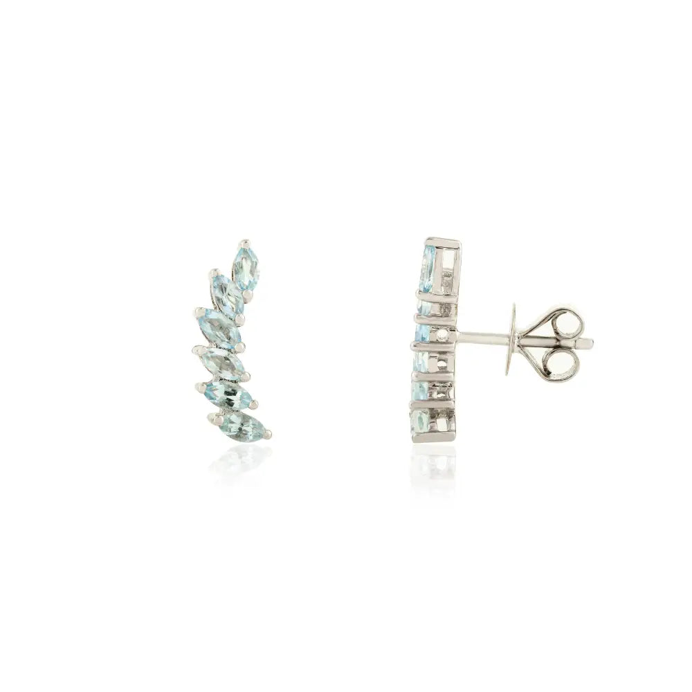 Marquise Shape Blue Topaz 14K White Gold Wings Shape Ear Climber Earrings Unique Design