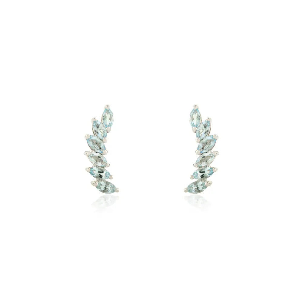 Marquise Shape Blue Topaz 14K White Gold Wings Shape Ear Climber Earrings Unique Design