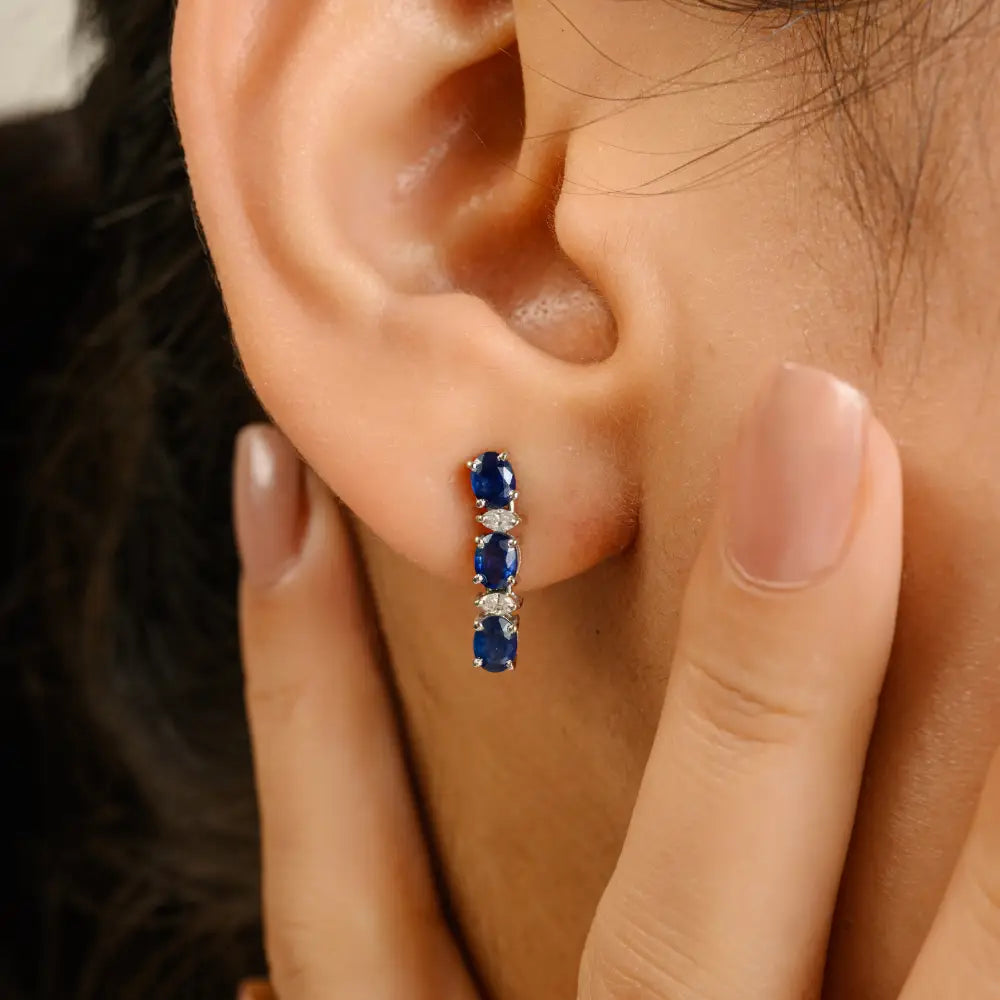 Prong Set Blue Sapphire & Diamond Minimal Drop Earrings Fine 14K White Gold Women Jewelry