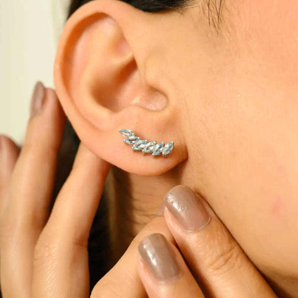Marquise Shape Blue Topaz 14K White Gold Wings Shape Ear Climber Earrings Unique Design