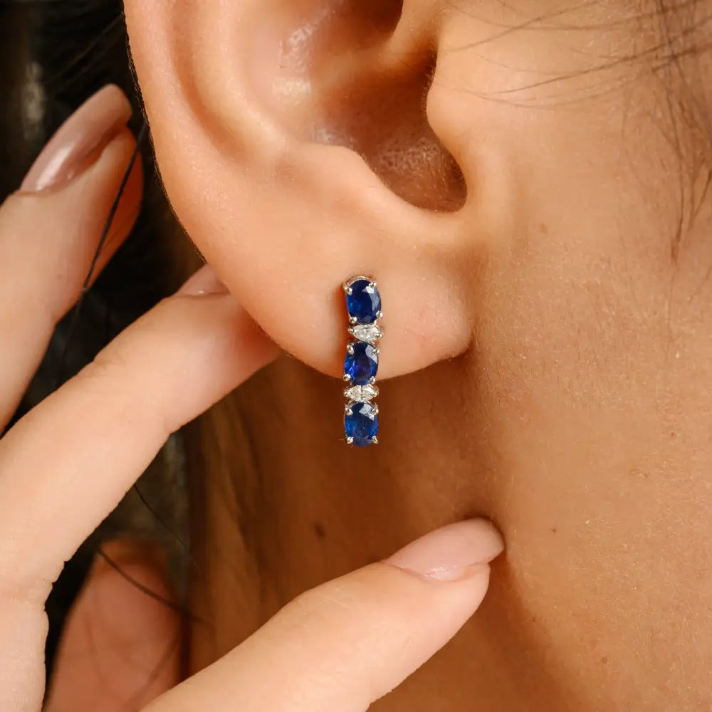 Prong Set Blue Sapphire & Diamond Minimal Drop Earrings Fine 14K White Gold Women Jewelry