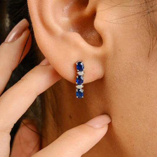 Prong Set Blue Sapphire & Diamond Minimal Drop Earrings Fine 14K White Gold Women Jewelry