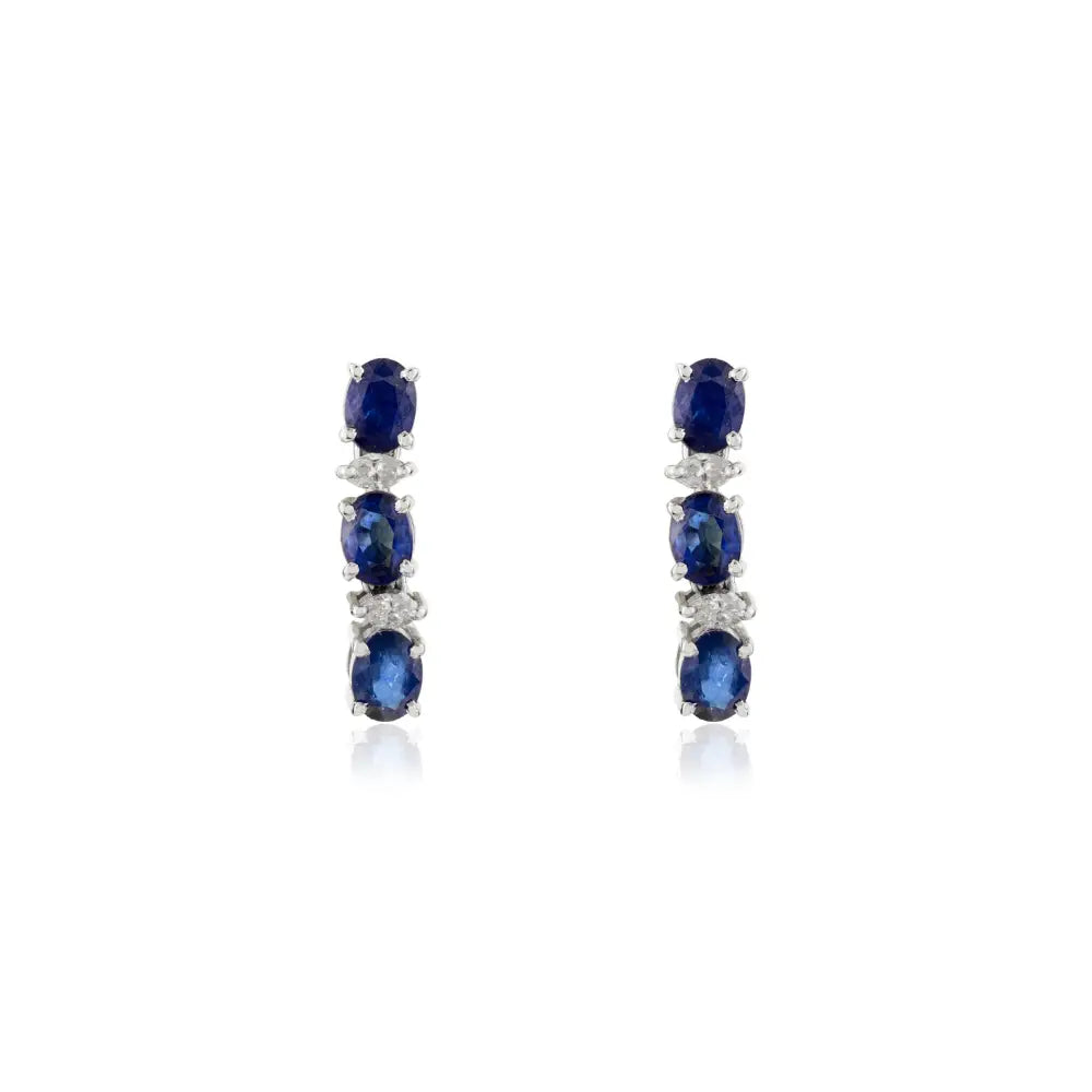 Prong Set Blue Sapphire & Diamond Minimal Drop Earrings Fine 14K White Gold Women Jewelry