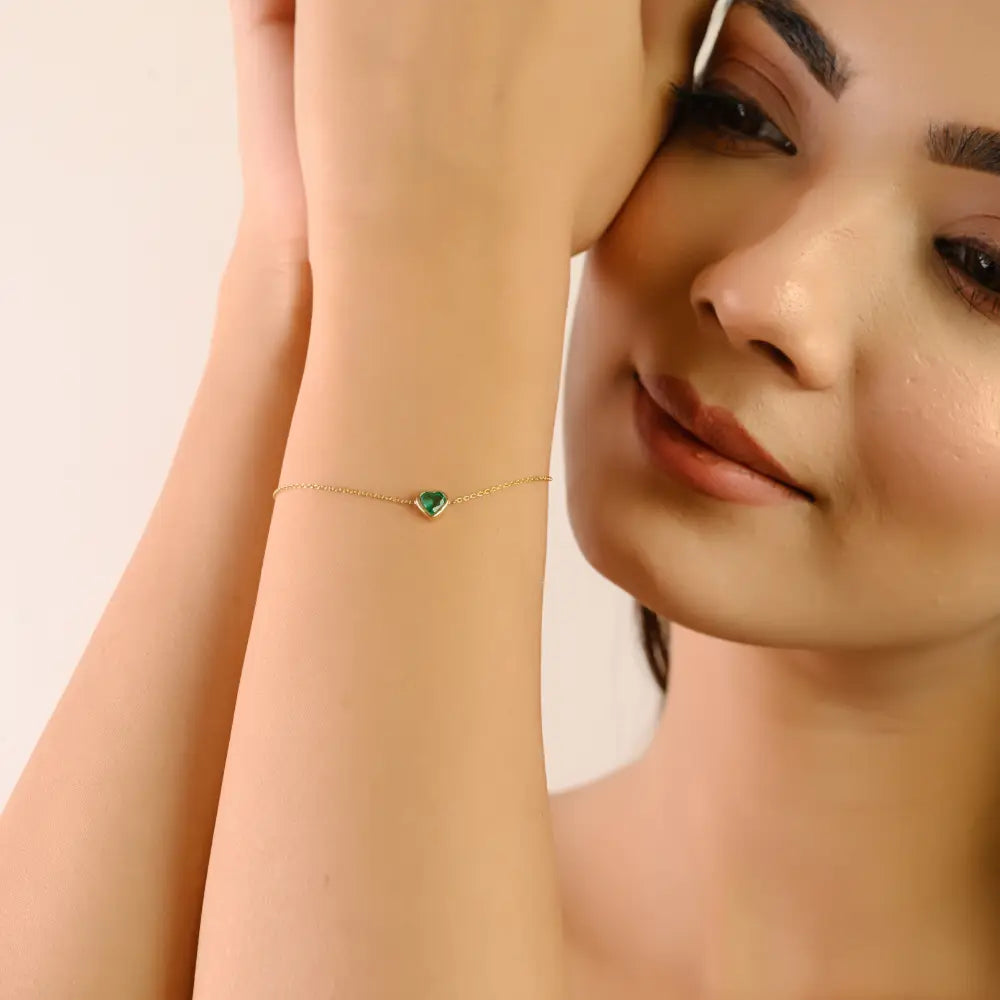14K Solid Yellow Gold Natural Emerald Heart Shape Spring Lock Chain Bracelet Women Jewelry