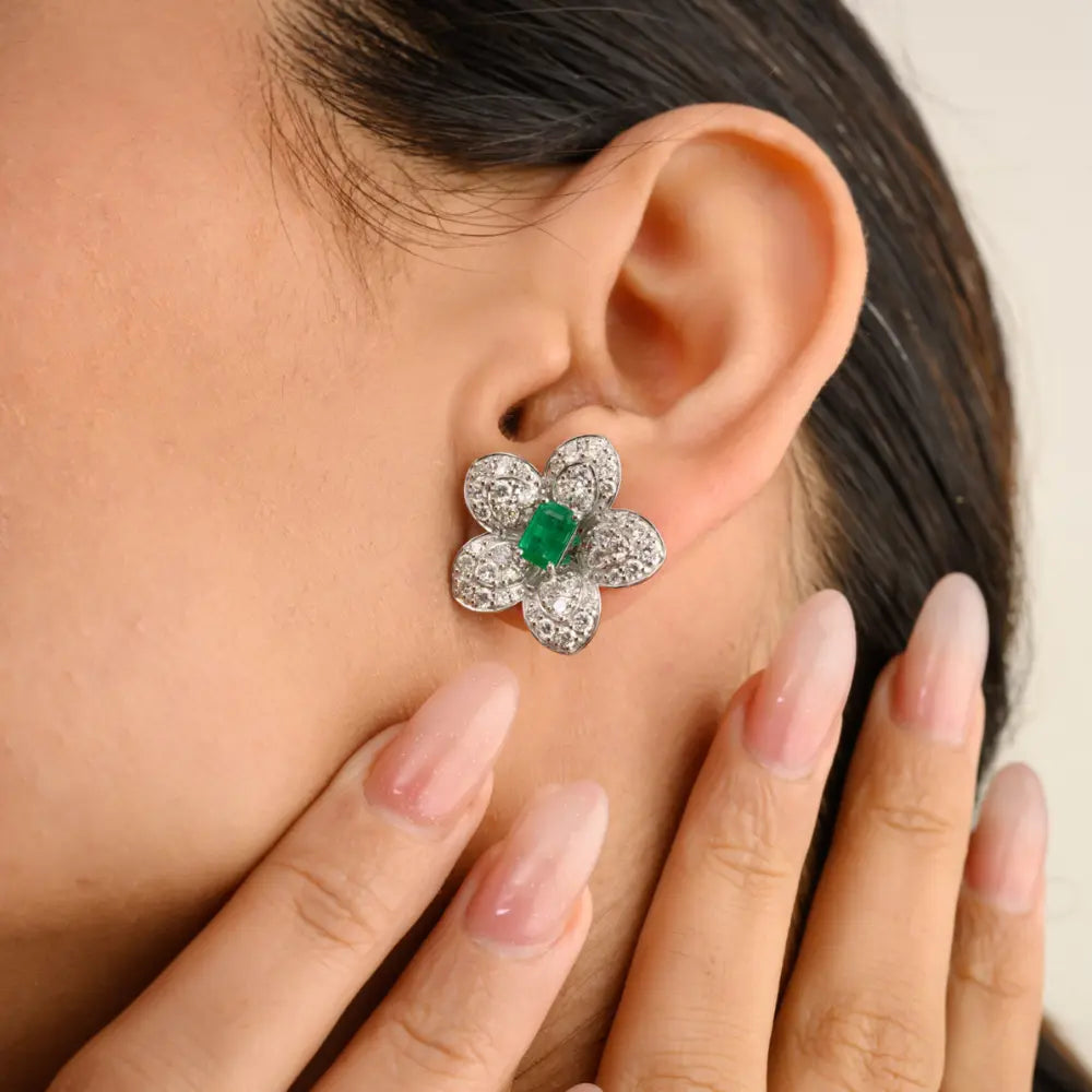 New Arrivals Octagon Emerald & Diamond 14K White Gold Flower Stud Earrings