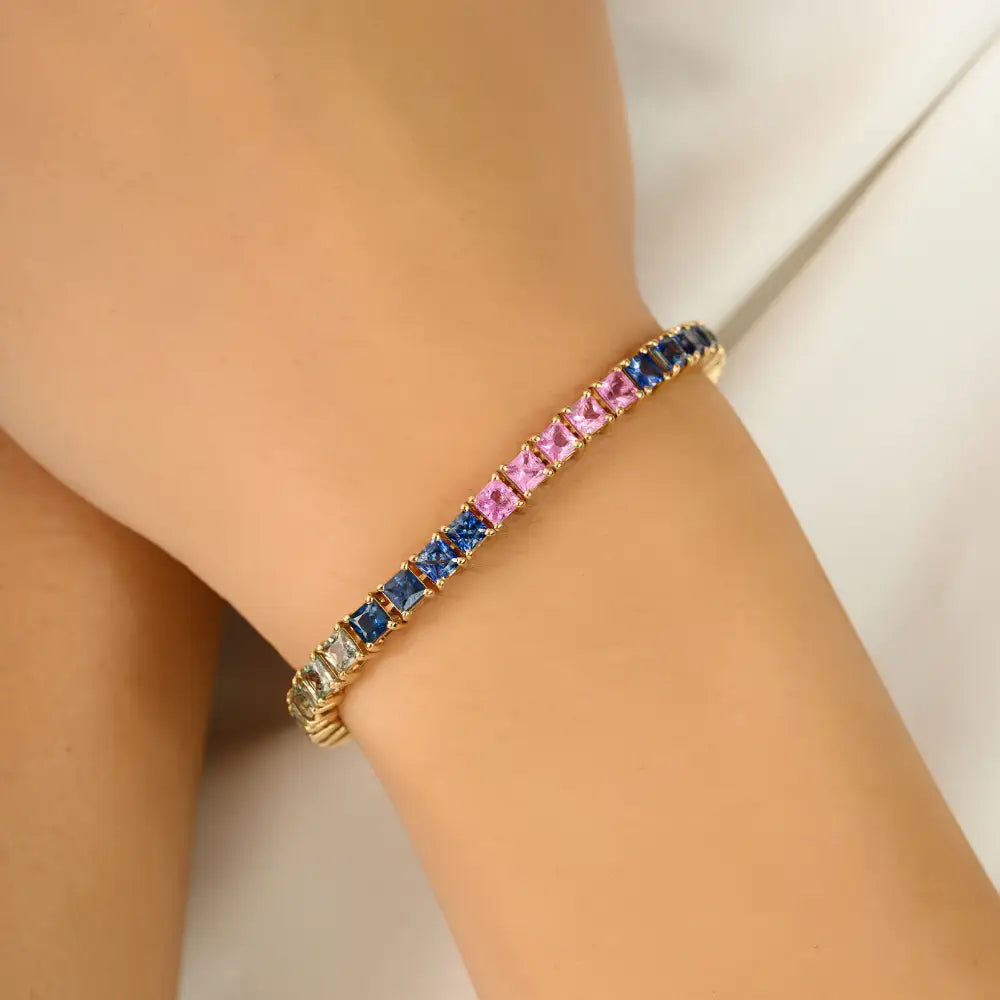 Asscher Cut Colorful Multi Sapphire 14K Solid Yellow Gold Stacking Tennis Bracelet New Arrivals