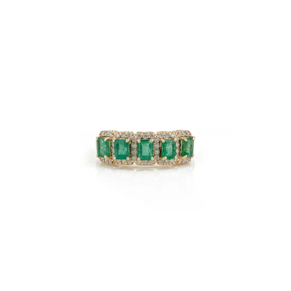 Natural Zambian Emerald & Diamond 14K Real Yellow Gold Halo Half Eternity Band Ring