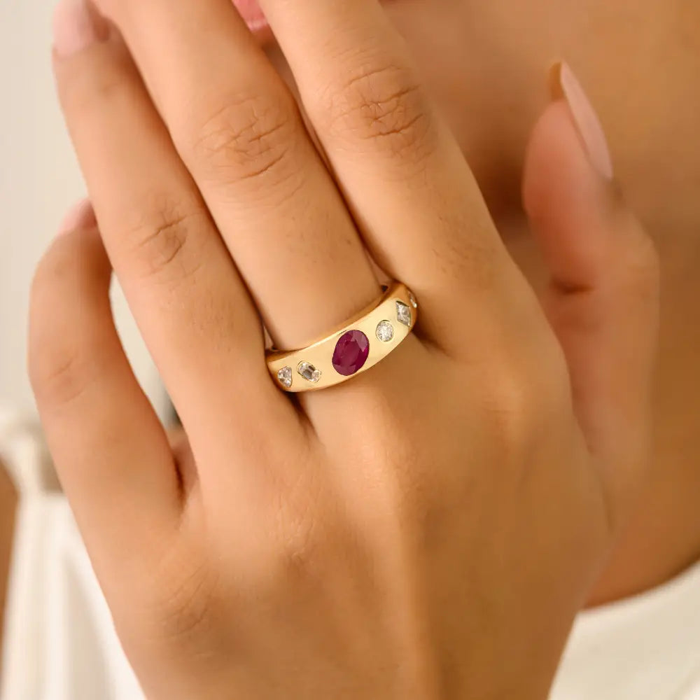 Best Selling Mixed Shape Diamond & Ruby Chunky Dome Ring 18K Yellow Gold Engagement Jewelry
