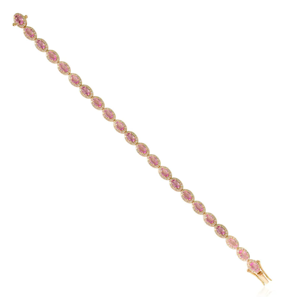 Pink Sapphire & Diamond Box Lock Halo Tennis Bracelet K14 Solid Yellow Gold New Jewelry