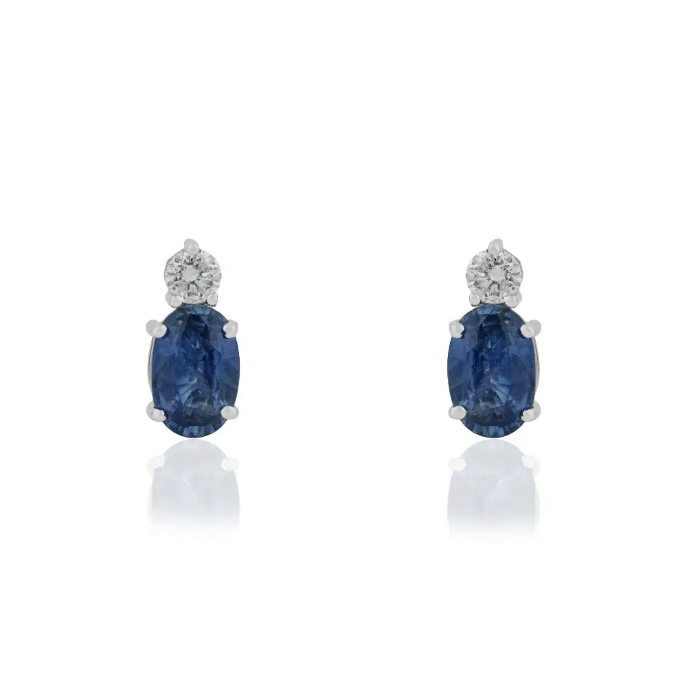 Elegant Classic Design Blue Sapphire & Diamond 14K White Gold Minimal Stud Earrings For Girls