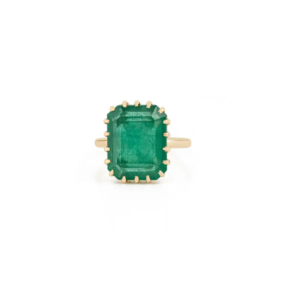 18K Solid Yellow Gold Zambian Emerald Big Gemstone Solitaire Ring Bold Statement Jewelry
