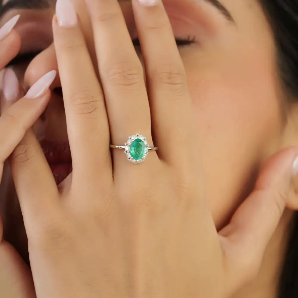 8x6mm Emerald & Diamond Stackable Cluster Ring Engagement Jewelry 14K White Gold