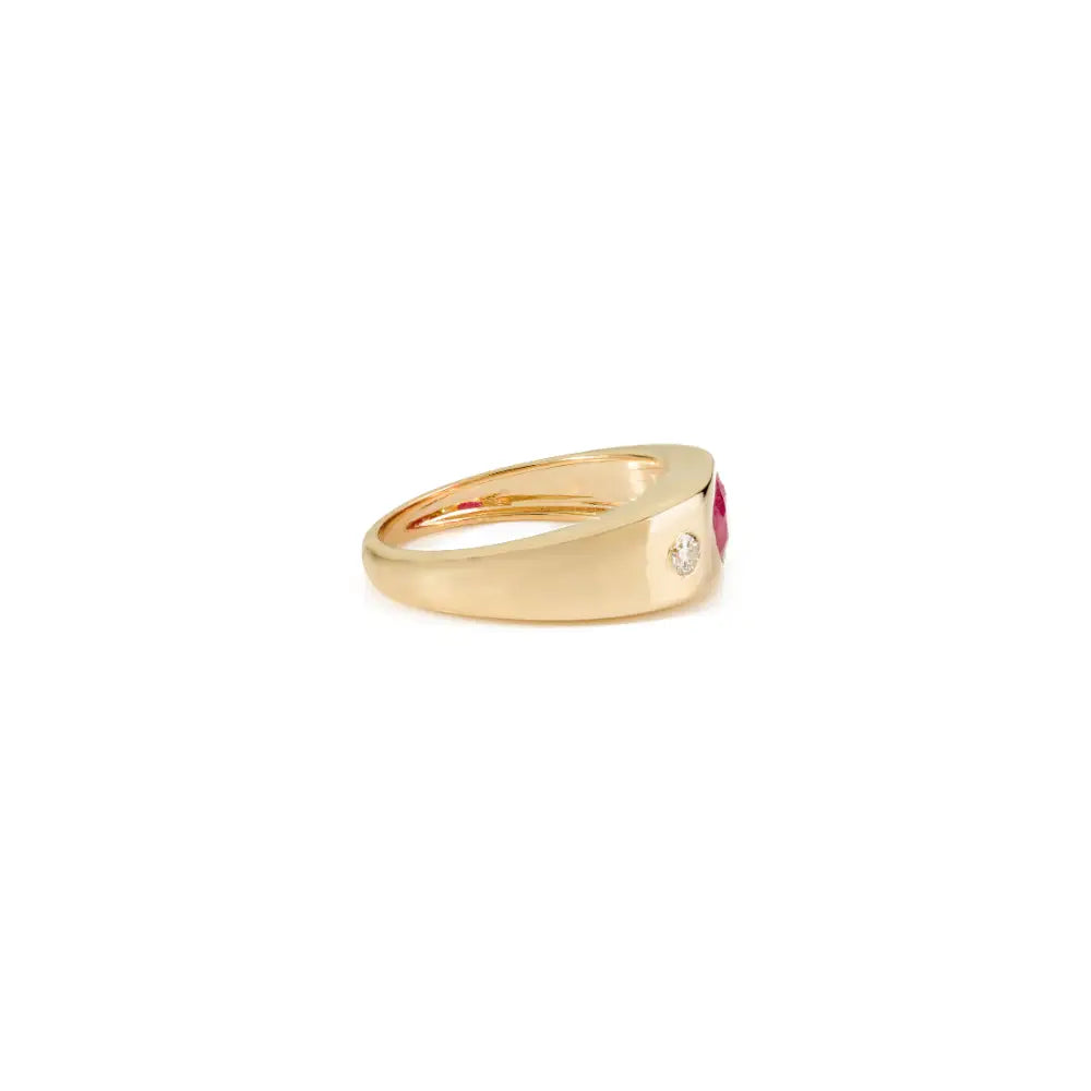 Gypsy Set Ruby Gemstone & Diamond Chunky Signet Ring Gift For Women 14K Yellow Gold