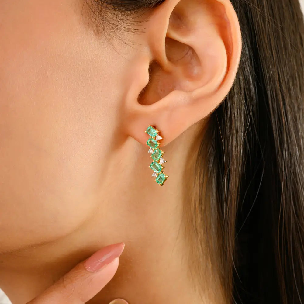 Octagon Cut Emerald & Round Diamond Zig Zag Shape Stud Earrings 14K Yellow Gold