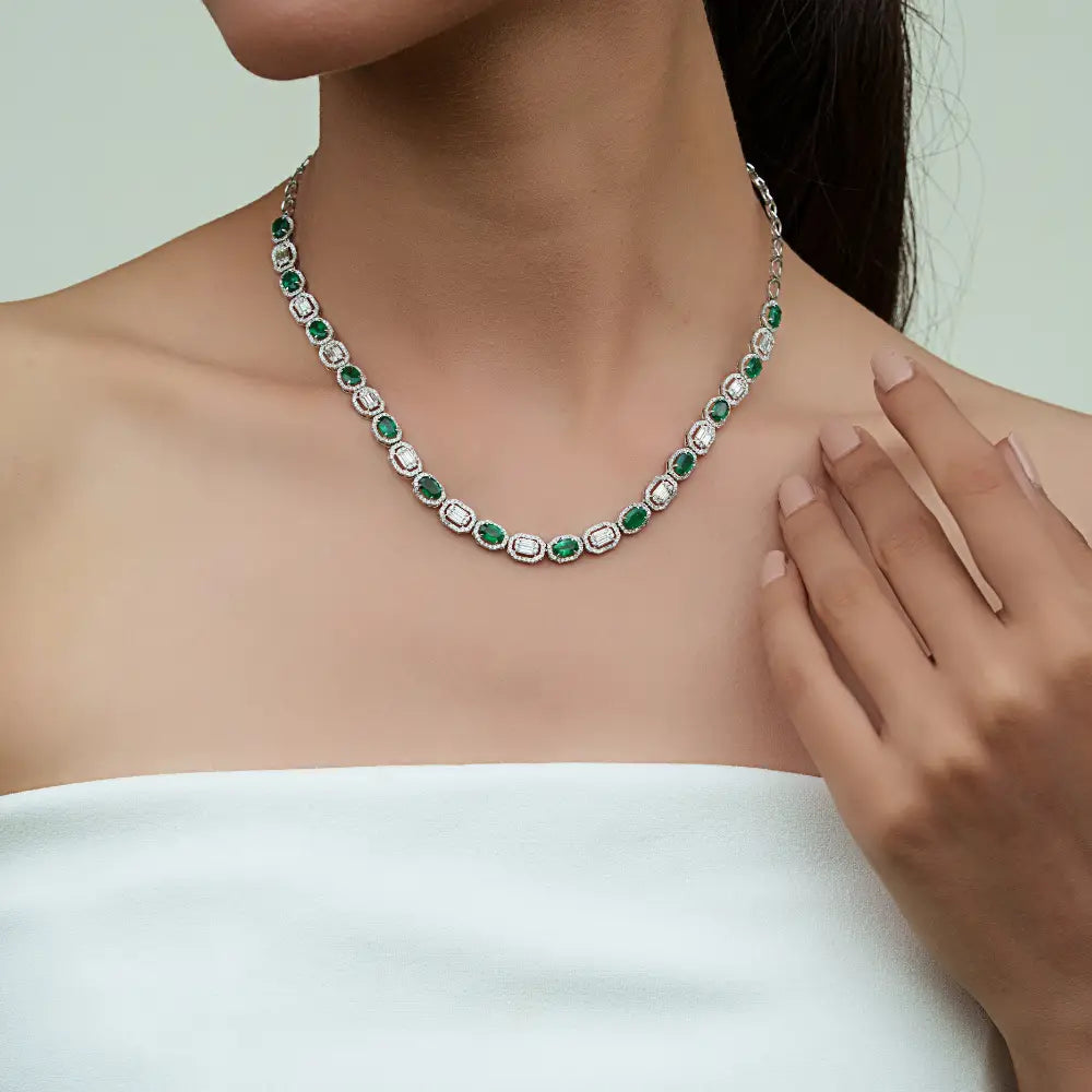 Zambian Emerald & Diamond Luxury Tennis Necklace 14K White Gold Bridal Jewelry Supplier