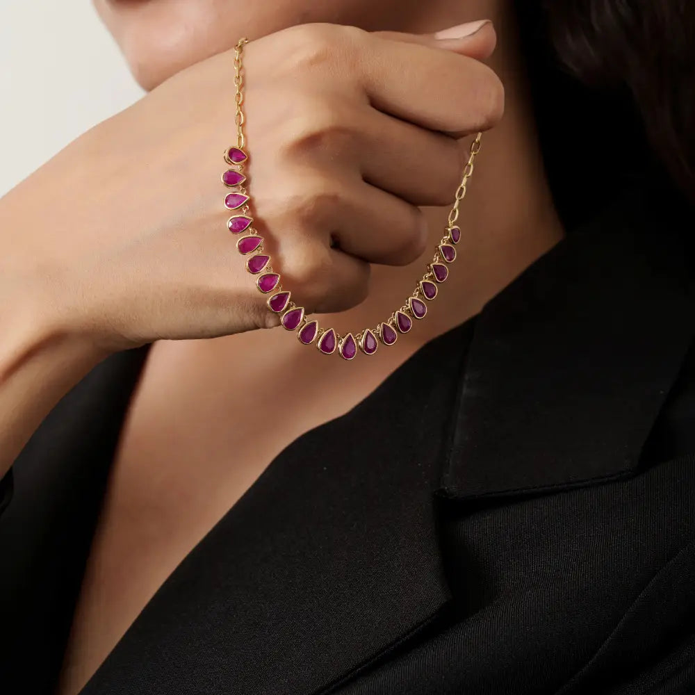 July Birthstone Genuine Ruby Paperclip Chain Half Tennis Necklace 14K Solid Yellow Gold Jewelry