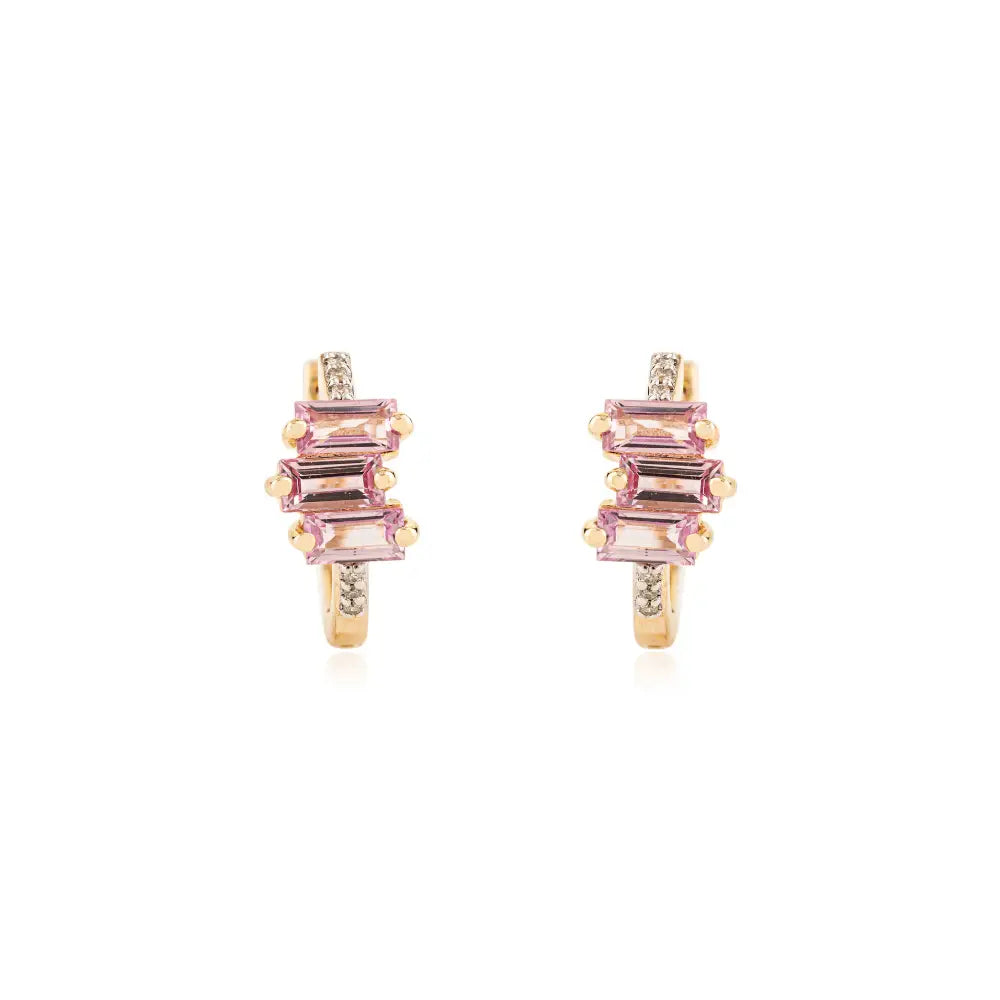Minimalist Dainty Pink Sapphire & Diamond Fine 14K Solid Gold Huggie Hoop Earrings For Girls