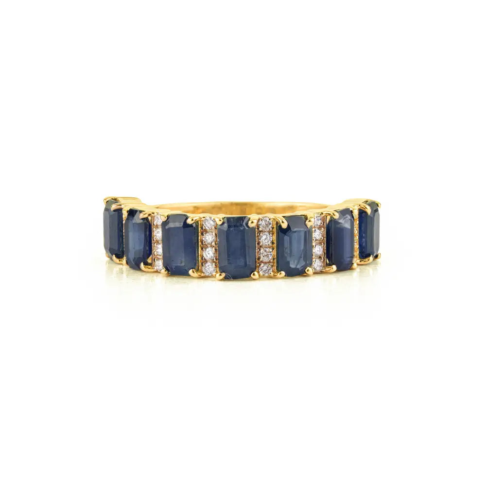 Latest Design K14 Yellow Gold Blue Sapphire & Diamond Half Eternity Band Ring Custom Jewelry