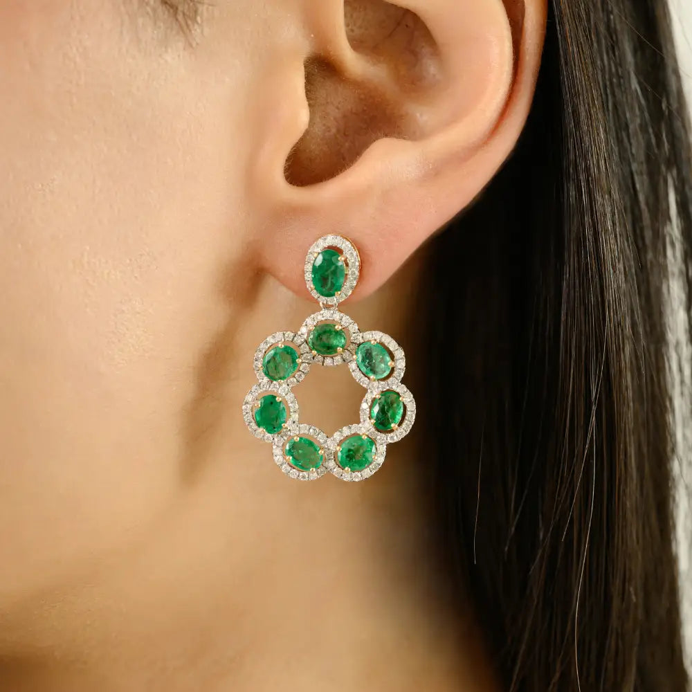 Floral Inspired Zambian Emerald & Diamond Statement Drop Earrings 18K Yellow Gold Fine Jewelry