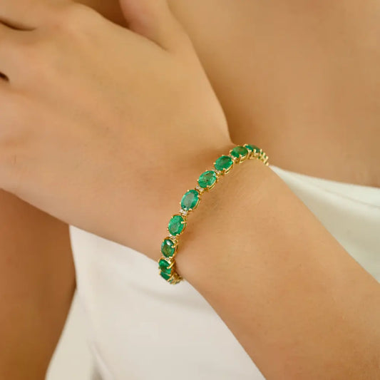 18K Pure Yellow Gold May Birthstone Zambian Emerald & Diamond Tennis Bracelet For Unisex