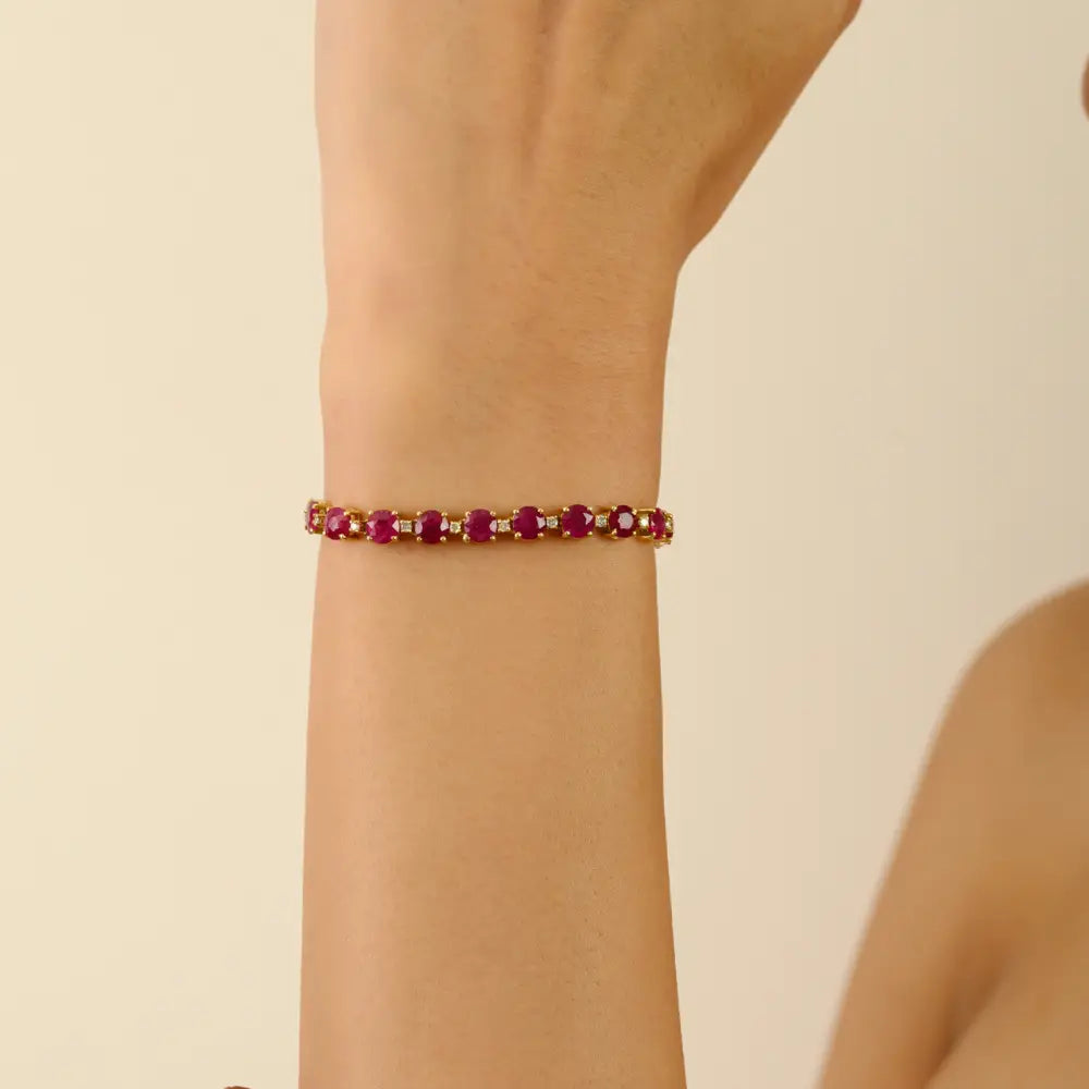 Round Cut Ruby & Diamond July Birthstone Tennis Bracelet For Christmas Gift 18K Gold
