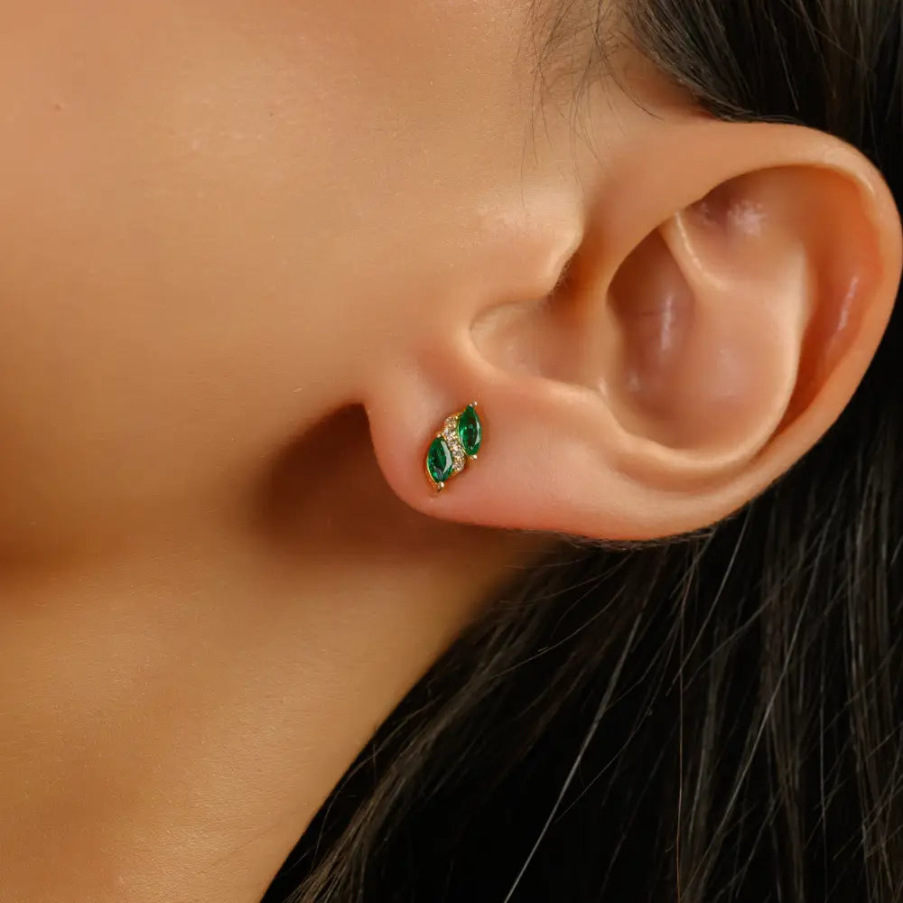 Delicate Simple Emerald & Diamond Minimal Stud Earrings 14K Solid Yellow Gold Jewelry Women