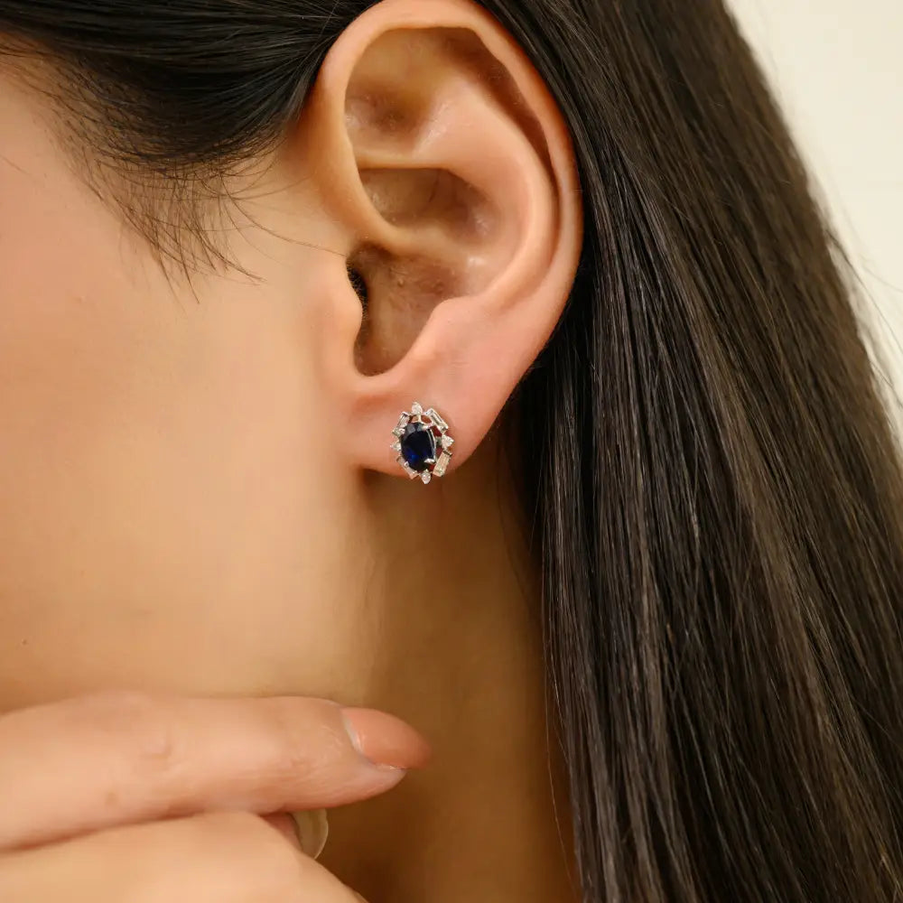 Art Deco Inspired Blue Sapphire & Diamond Halo Stud Earrings 14K Pure White Gold Jewelry