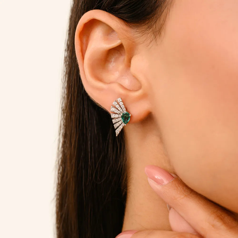 Unique Design Emerald & Diamond 14K White Gold Gemstone Fan Earrings For Women
