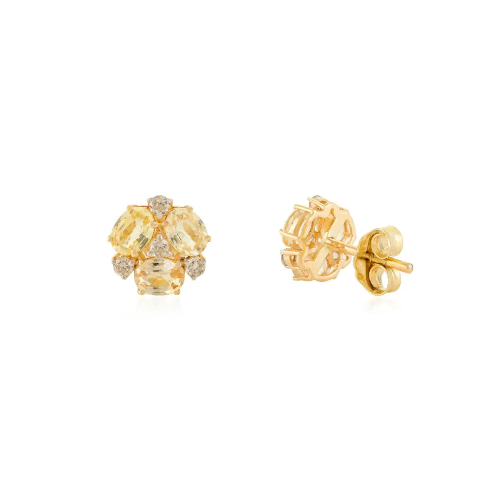 Minimal Simple Design 14K Solid Gold Yellow Sapphire & Diamond Three Stone Stud Earrings