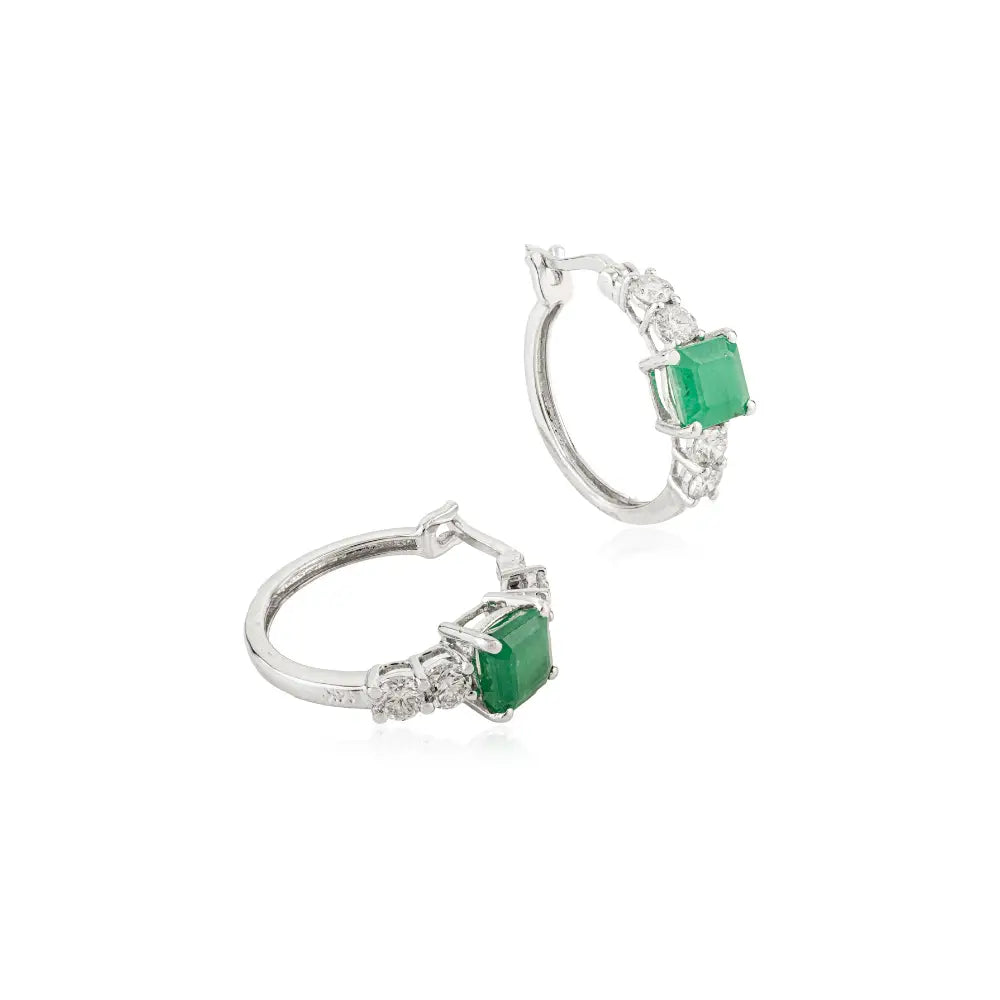 Prong Setting Emerald & Diamond K14 White Gold Everyday Hoop Earrings For Women Gift