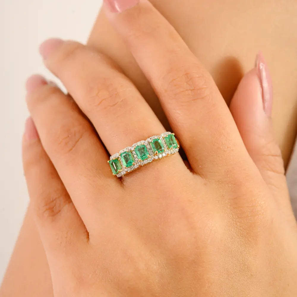 Solid K14 Yellow Gold Natural Emerald & Diamond Halo Half Eternity Band Ring Engagement Jewelry