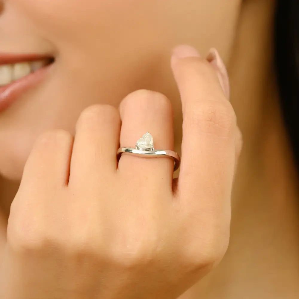 Heart Shape Natural Diamond 14K White Gold Wave Shape Curve Solitaire Ring Designer Jewelry