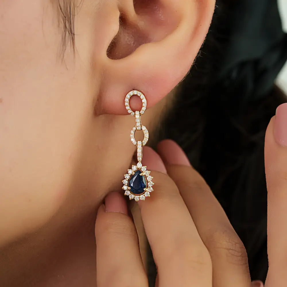 Unique Design Blue Sapphire & Diamond Cluster Link Dangle Earrings 14K Yellow Gold Jewelry