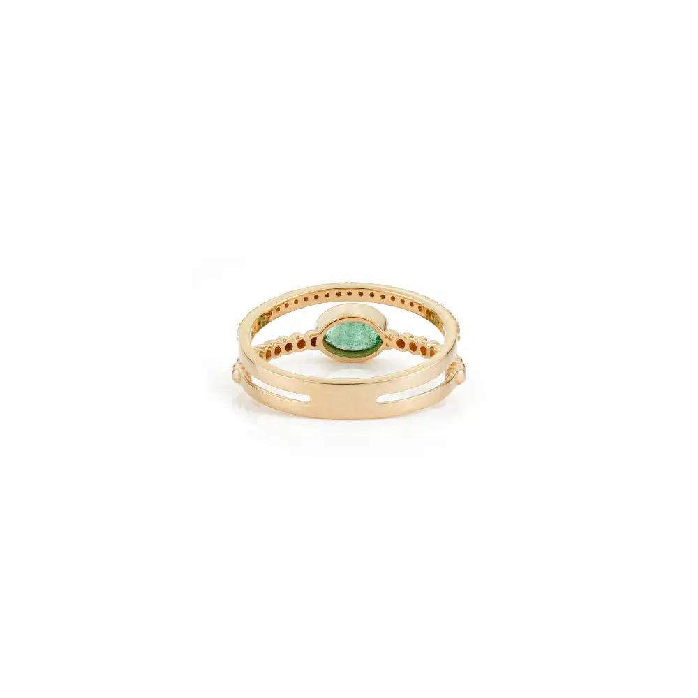 Real Emerald & Diamond Double Band Ring K14 Solid Yellow Gold Stackable Jewelry Supplier